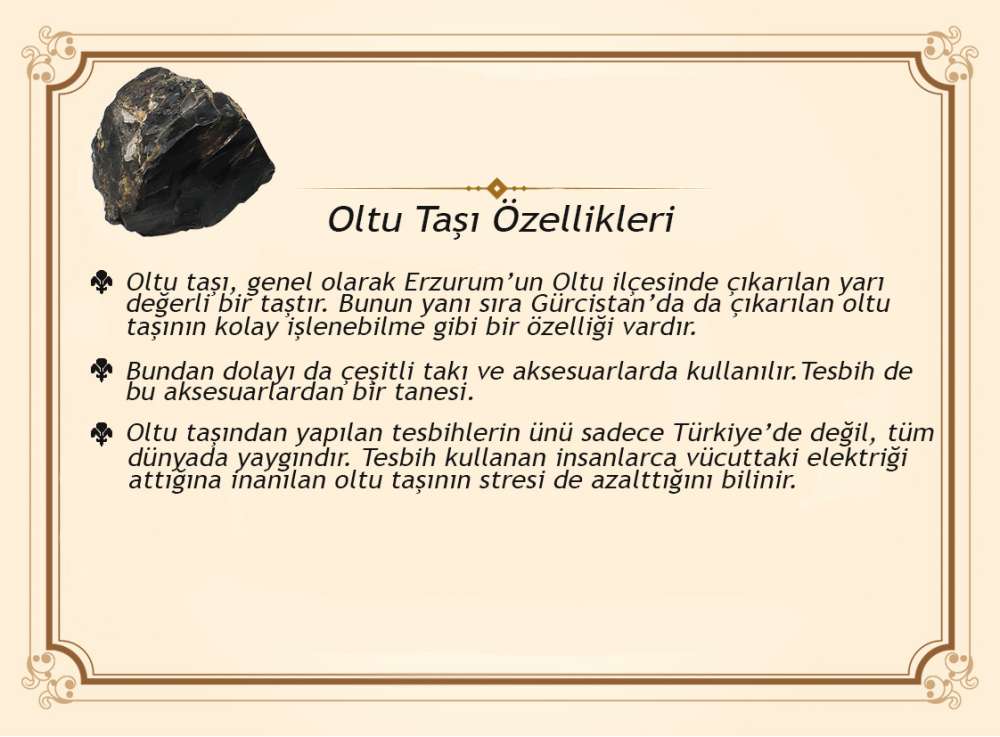 1000 Ayar Gümüş Kazaz Püsküllü Küre Kesim Erzurum Oltu Taşı Tesbih (M-1)