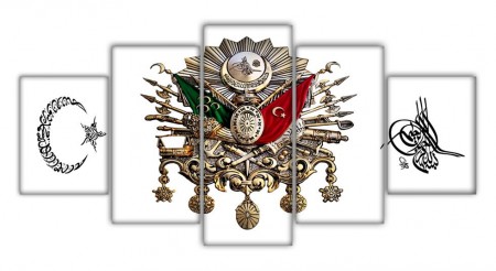 5 Parça Ayyıldız Osmanlı Devlet Armalı Tuğralı Kanvas Tablo - Thumbnail