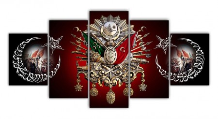 5 Parça Fatih Sultan Mehmed Han Resimli Osmanlı Armalı Kanvas Tablo - Thumbnail