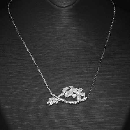 Beyaz Zirkon Taşlı Çiçek-Yaprak Tasarım 925 Ayar Gümüş Bayan Kolye - Thumbnail