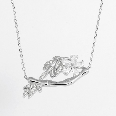 Beyaz Zirkon Taşlı Çiçek-Yaprak Tasarım 925 Ayar Gümüş Bayan Kolye - Thumbnail