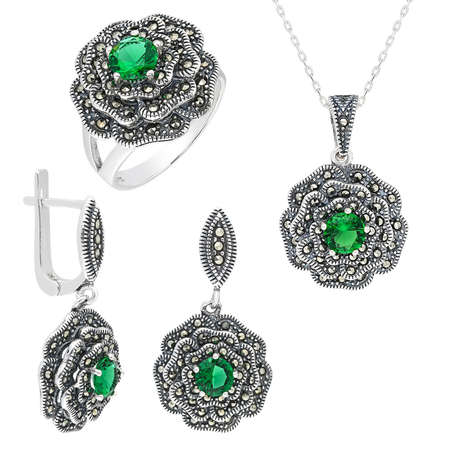 Yeşil Green Glass Taşlı Çiçek Tasarım 925 Ayar Gümüş 3'lü Takı Seti - Thumbnail