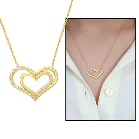 Beyaz Zirkon Taşlı Çift Kalp Tasarım 925 Ayar Gümüş Bayan Kolye - Thumbnail