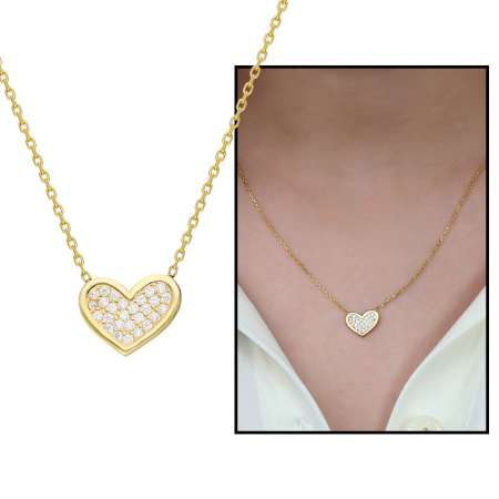 Beyaz Zirkon Taşlı Kalp Tasarım 925 Ayar Gümüş Bayan Kolye - Thumbnail