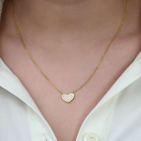 Beyaz Zirkon Taşlı Kalp Tasarım 925 Ayar Gümüş Bayan Kolye - Thumbnail
