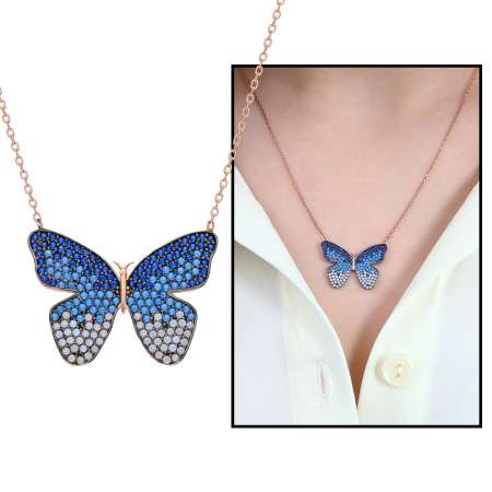 Mavi-Beyaz Zirkon Taşlı Kelebek Tasarım 925 Ayar Gümüş Kolye - Thumbnail