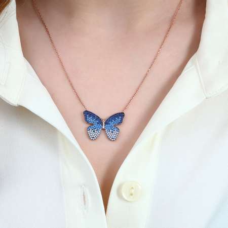 Mavi-Beyaz Zirkon Taşlı Kelebek Tasarım 925 Ayar Gümüş Kolye - Thumbnail