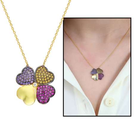 Renkli Zirkon Taşlı Kırçiçeği Tasarım 925 Ayar Gümüş Bayan Kolye - Thumbnail