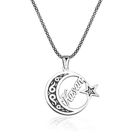 Ayyıldız Tasarım Kişiye Özel İsim Yazılı 925 Ayar Gümüş Erkek Kolye - Thumbnail
