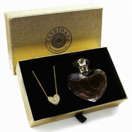 Zirkon Taşlı Kalp Tasarım 925 Ayar Gümüş Bayan Kolye ve Parfüm Seti - Thumbnail