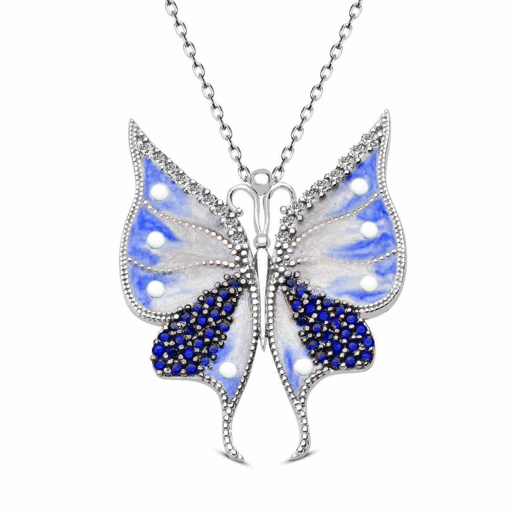 Beyaz-Mavi Zirkon Taşlı Kelebek Tasarım 925 Ayar Gümüş Bayan Kolye