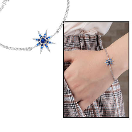 Mavi-Beyaz Zirkon Taşlı Yıldız Tasarım 925 Ayar Gümüş Bayan Bileklik - Thumbnail