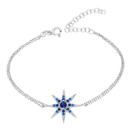 Mavi-Beyaz Zirkon Taşlı Yıldız Tasarım 925 Ayar Gümüş Bayan Bileklik - Thumbnail