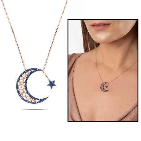 Mavi Zirkon Taşlı Ayyıldız Tasarım 925 Ayar Gümüş Bayan Kolye - Thumbnail
