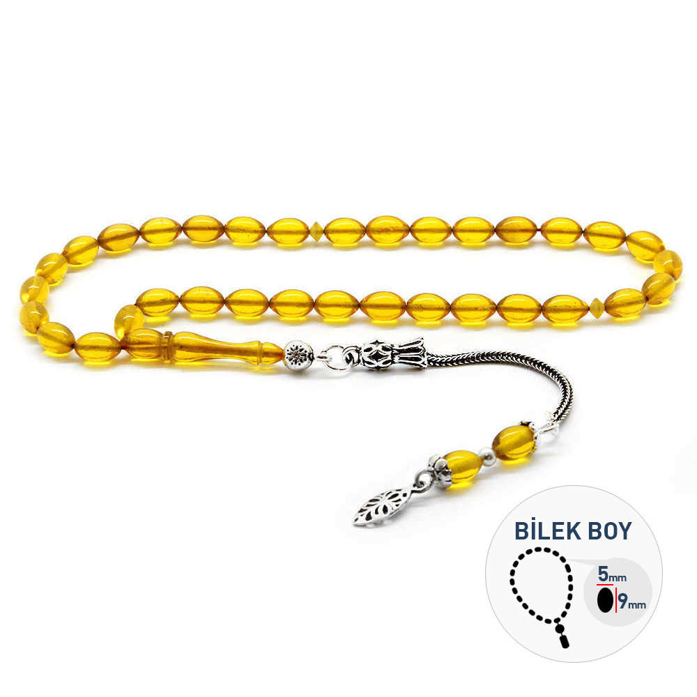 925 Ayar Gümüş Püsküllü Bilek Boy Sarı Sıkma Kehribar Tesbih