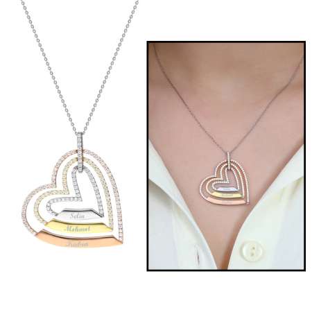 Üç Kalp Tasarım Kişiye Özel İsim Yazılı 925 Ayar Gümüş Bayan Kolye - Thumbnail