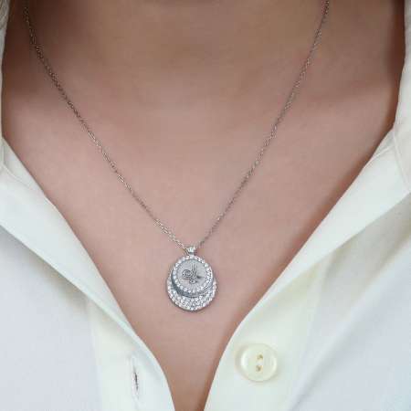 Beyaz Zirkon Taşlı Tuğra Tasarım 925 Ayar Gümüş Bayan Kolye - Thumbnail