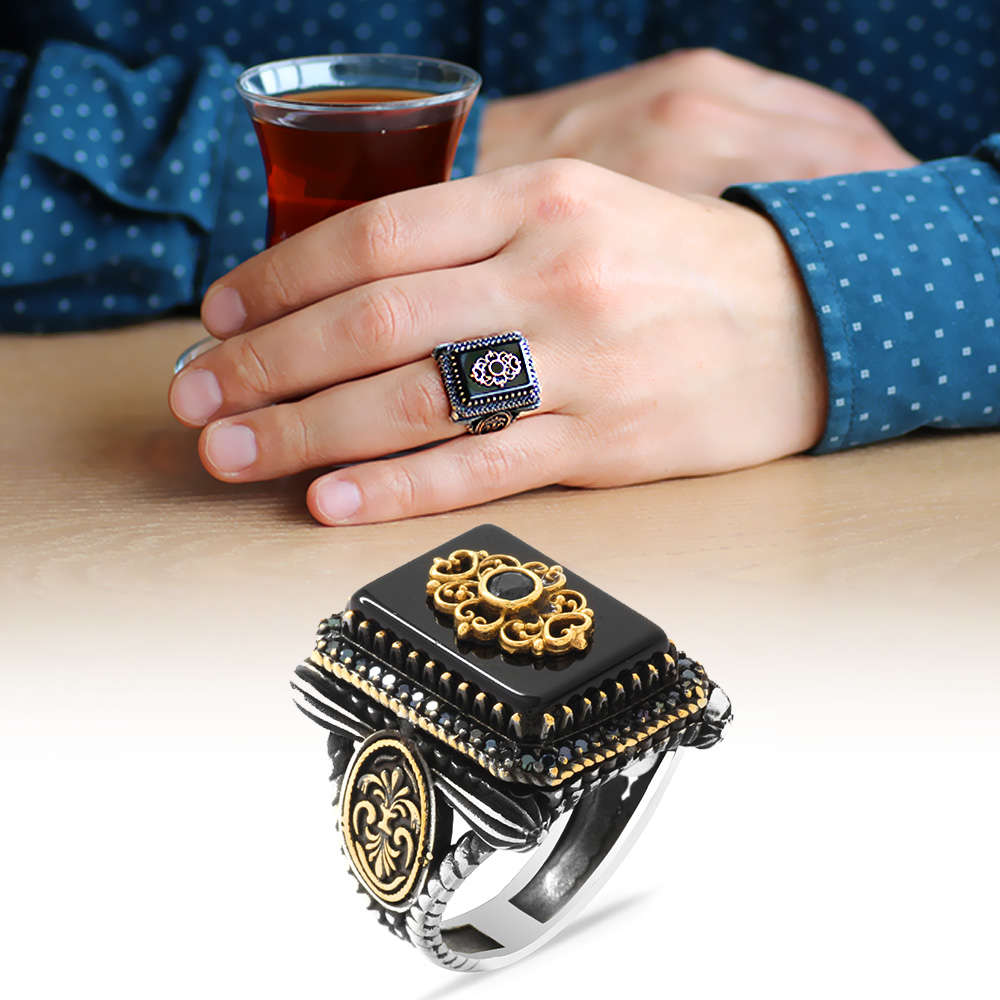 Anadolu Deseni Figürlü Oniks Taşlı 925 Ayar Gümüş Vezir-i Azam Yüzüğü