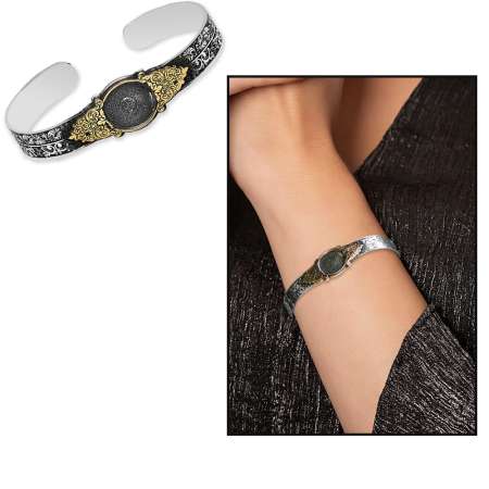 Arapça Nas&Felak Suresi Yazılı Gravür Desen Süslemeli Kelepçe Model 925 Ayar Gümüş Kadın Bileklik - Thumbnail