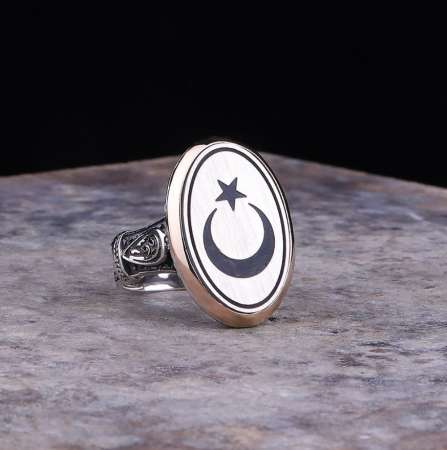 Ayyıldız Desenli Minimal Oval Tasarım 925 Ayar Gümüş Erkek Yüzük - Thumbnail