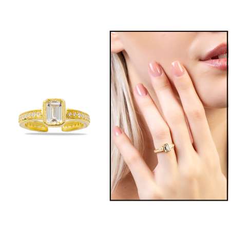 Baget Kesim Beyaz Zirkon Taşlı Gold Renk Free Size 925 Ayar Gümüş Kadın Tektaş Yüzük - Thumbnail