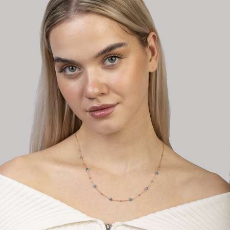 Basic Model Nazar Boncuğu Detaylı Rose Renk 925 Ayar Gümüş Kadın Şans Kolyesi - Thumbnail