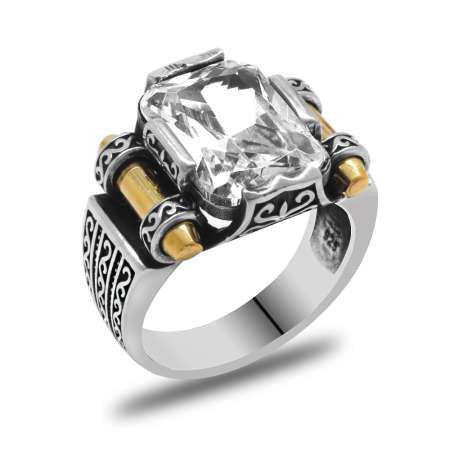 Beyaz Baget Taşlı Avangarde Tasarım 925 Ayar Gümüş Şah Cihan Yüzüğü - Thumbnail