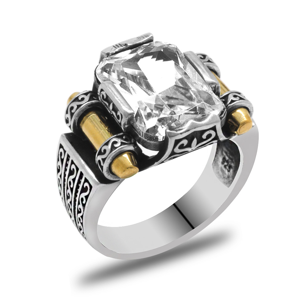 Beyaz Baget Taşlı Avangarde Tasarım 925 Ayar Gümüş Şah Cihan Yüzüğü