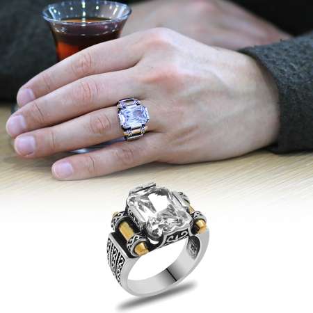 Beyaz Baget Taşlı Avangarde Tasarım 925 Ayar Gümüş Şah Cihan Yüzüğü - Thumbnail