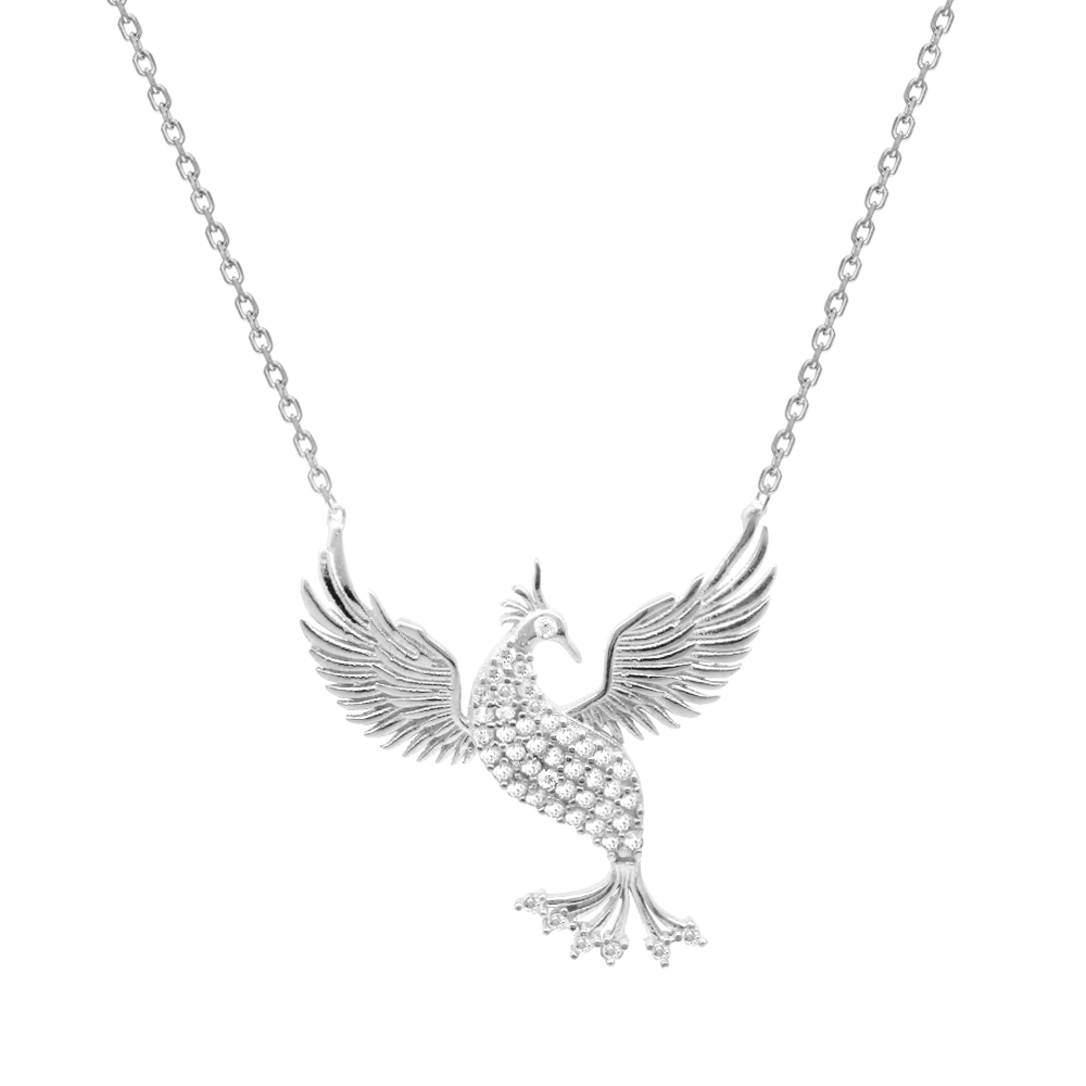 Beyaz Zirkon Taşlı Anka Kuşu Tasarım 925 Ayar Gümüş Kadın Kolye