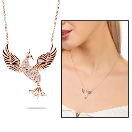 Beyaz Zirkon Taşlı Anka Kuşu Tasarım Rose Renk 925 Ayar Gümüş Kadın Kolye - Thumbnail