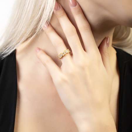 Beyaz Zirkon Taşlı Asimetrik Tasarım Gold Renk Free Size 925 Ayar Gümüş Kadın Yüzük - Thumbnail