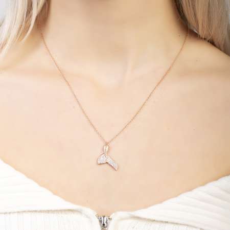 Beyaz Zirkon Taşlı Balina Kuyruğu Tasarım Rose Renk 925 Ayar Gümüş Kadın Kolye - Thumbnail