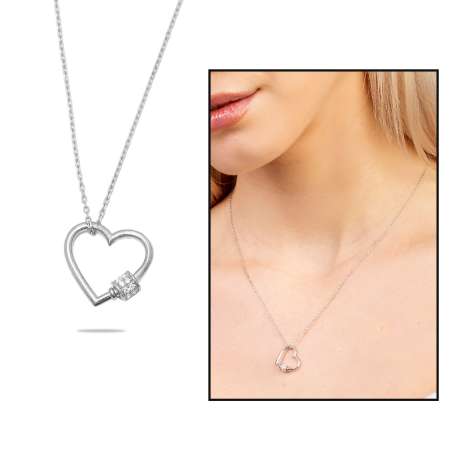Beyaz Zirkon Taşlı Çark Detaylı Kalp Tasarım Silver Renk 925 Ayar Gümüş Kadın Kolye - Thumbnail