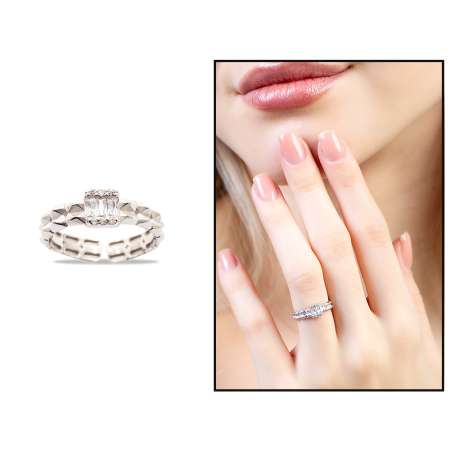 Beyaz Zirkon Taşlı Çark Tasarım Silver Renk Free Size 925 Ayar Gümüş Kadın Yüzük - Thumbnail