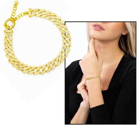 Beyaz Zirkon Taşlı Gold Renk 925 Ayar Gümüş Gurmet Kadın Bileklik - Thumbnail