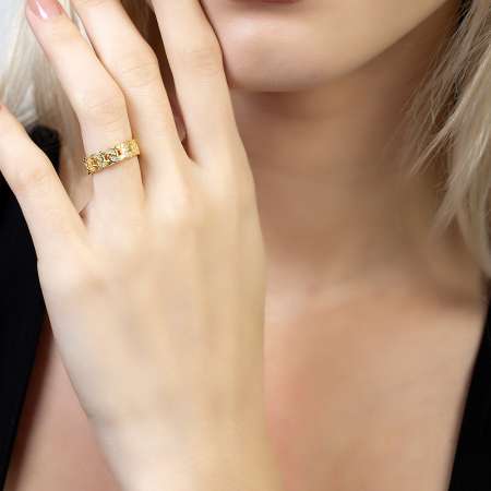 Beyaz Zirkon Taşlı Gurmet Tasarım Gold Renk Free Size 925 Ayar Gümüş Kadın Yüzük - Thumbnail