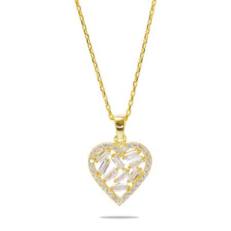 Beyaz Zirkon Taşlı Kalp Tasarım Gold Renk 925 Ayar Gümüş Kadın Kolye - Thumbnail
