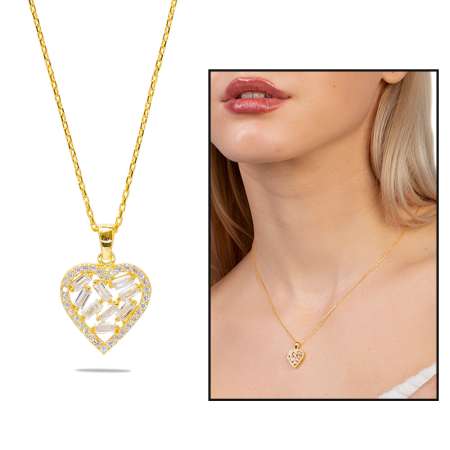 Beyaz Zirkon Taşlı Kalp Tasarım Gold Renk 925 Ayar Gümüş Kadın Kolye - Thumbnail