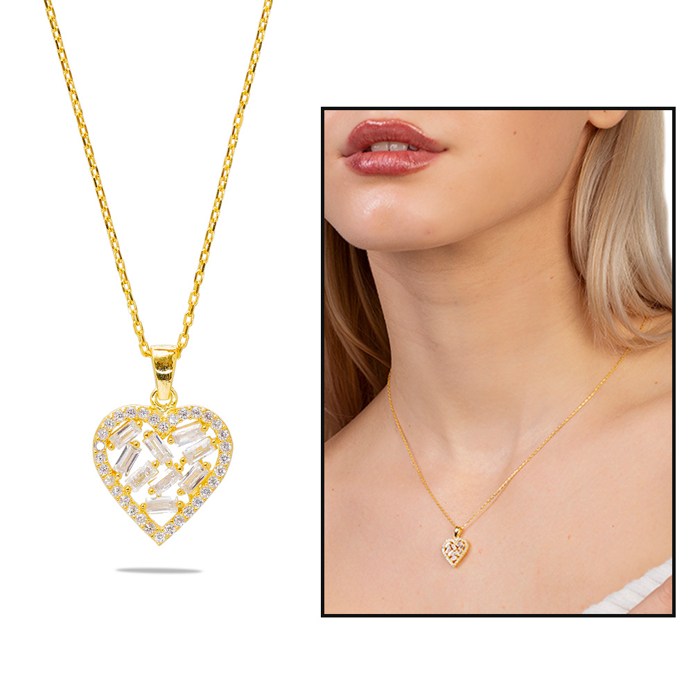 Beyaz Zirkon Taşlı Kalp Tasarım Gold Renk 925 Ayar Gümüş Kadın Kolye