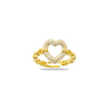 Beyaz Zirkon Taşlı Kalp Tasarım Gold Renk Free Size 925 Ayar Gümüş Kadın Yüzük - Thumbnail