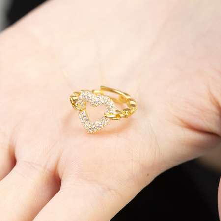 Beyaz Zirkon Taşlı Kalp Tasarım Gold Renk Free Size 925 Ayar Gümüş Kadın Yüzük - Thumbnail