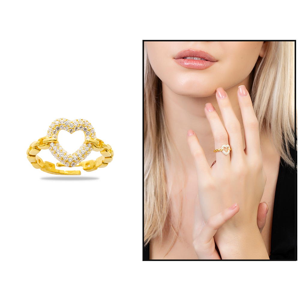 Beyaz Zirkon Taşlı Kalp Tasarım Gold Renk Free Size 925 Ayar Gümüş Kadın Yüzük