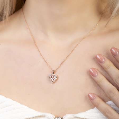 Beyaz Zirkon Taşlı Kalp Tasarım Rose Renk 925 Ayar Gümüş Kadın Kolye - Thumbnail