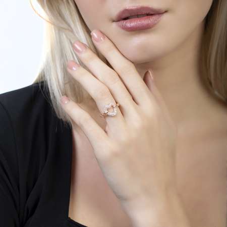 Beyaz Zirkon Taşlı Kalp Tasarım Rose Renk Free Size 925 Ayar Gümüş Kadın Yüzük - Thumbnail