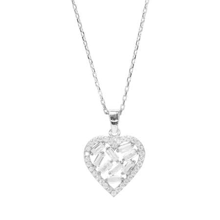 Beyaz Zirkon Taşlı Kalp Tasarım Silver Renk 925 Ayar Gümüş Kadın Kolye - Thumbnail