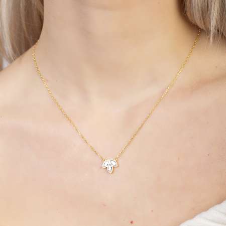 Beyaz Zirkon Taşlı Kardelen Tasarım Gold Renk 925 Ayar Gümüş Kadın Kolye - Thumbnail