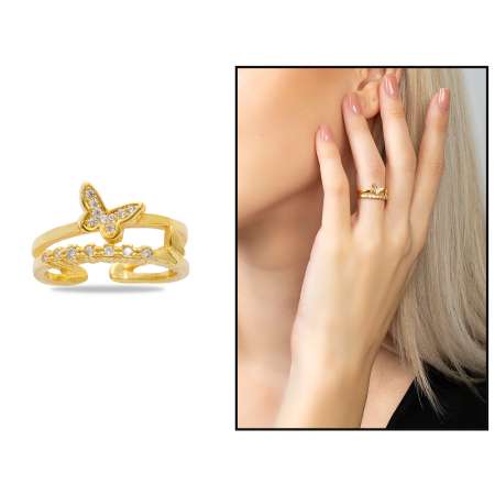 Beyaz Zirkon Taşlı Kelebek Detaylı Gold Renk Free Size 925 Ayar Gümüş Kadın Yüzük - Thumbnail