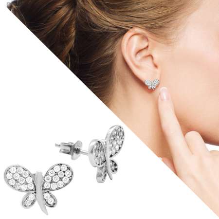 Beyaz Zirkon Taşlı Kelebek Tasarım 925 Ayar Gümüş Bayan Küpe - Thumbnail
