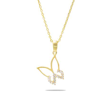 Beyaz Zirkon Taşlı Kelebek Tasarım Gold Renk 925 Ayar Gümüş Kadın Kolye - Thumbnail